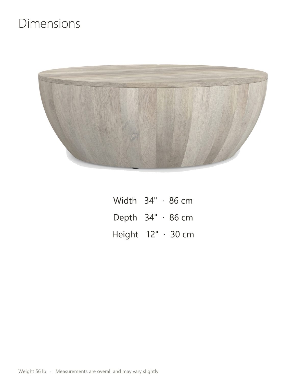 Rapallo Whitewashed Mango Bowl Coffee Table dimensions: 34 in wide, 34 in deep, 12 in high