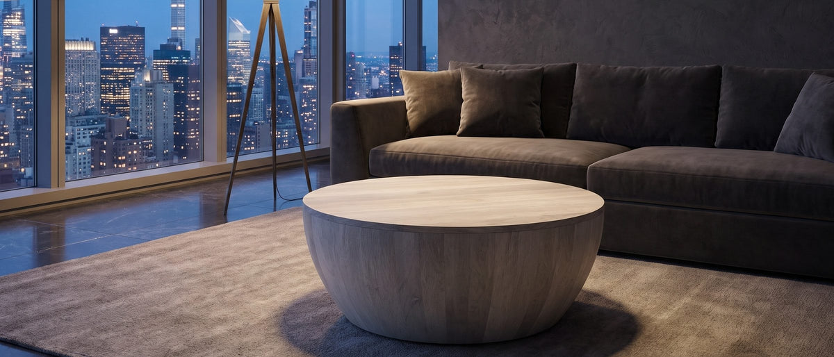 Rapallo Whitewashed Mango Bowl Coffee Table in the room