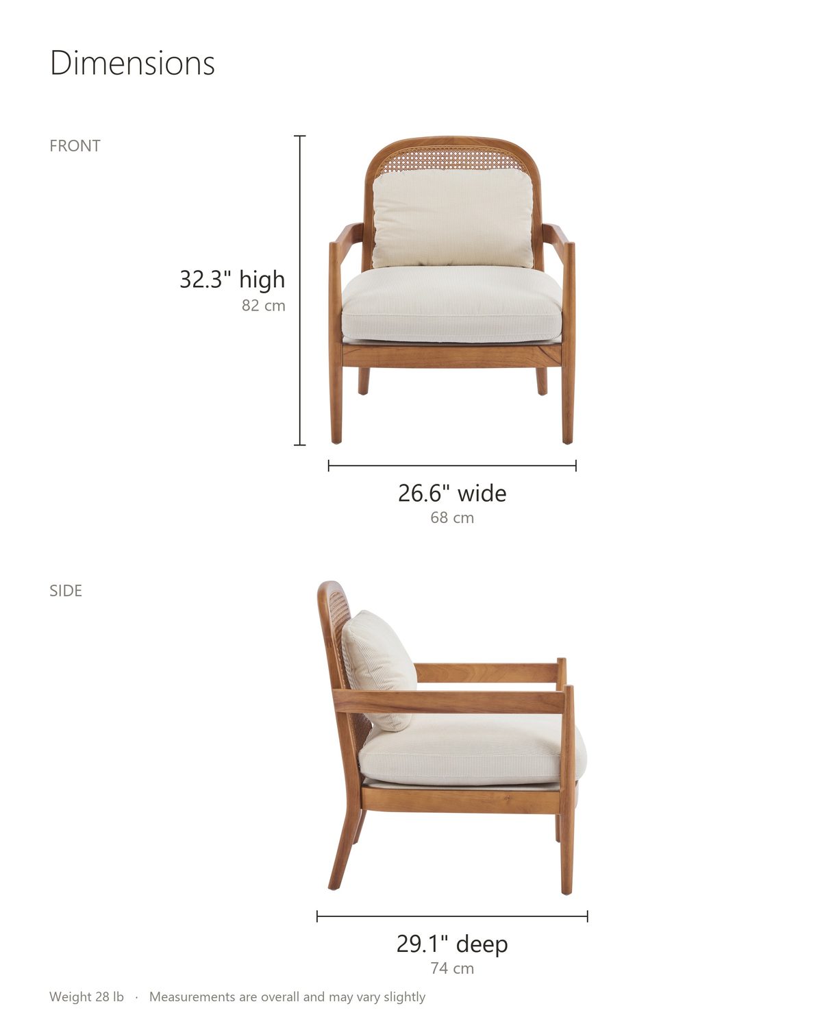 Ravello Cane Accent Chairs, Set of 2 dimensions: 26.6 in wide, 29.1 in deep, 32.3 in high