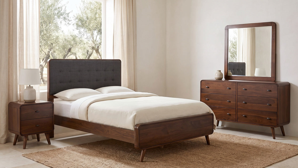 Walnut warmth, soft grey. - Recanati Dark Walnut Mid-Century Bedroom Set