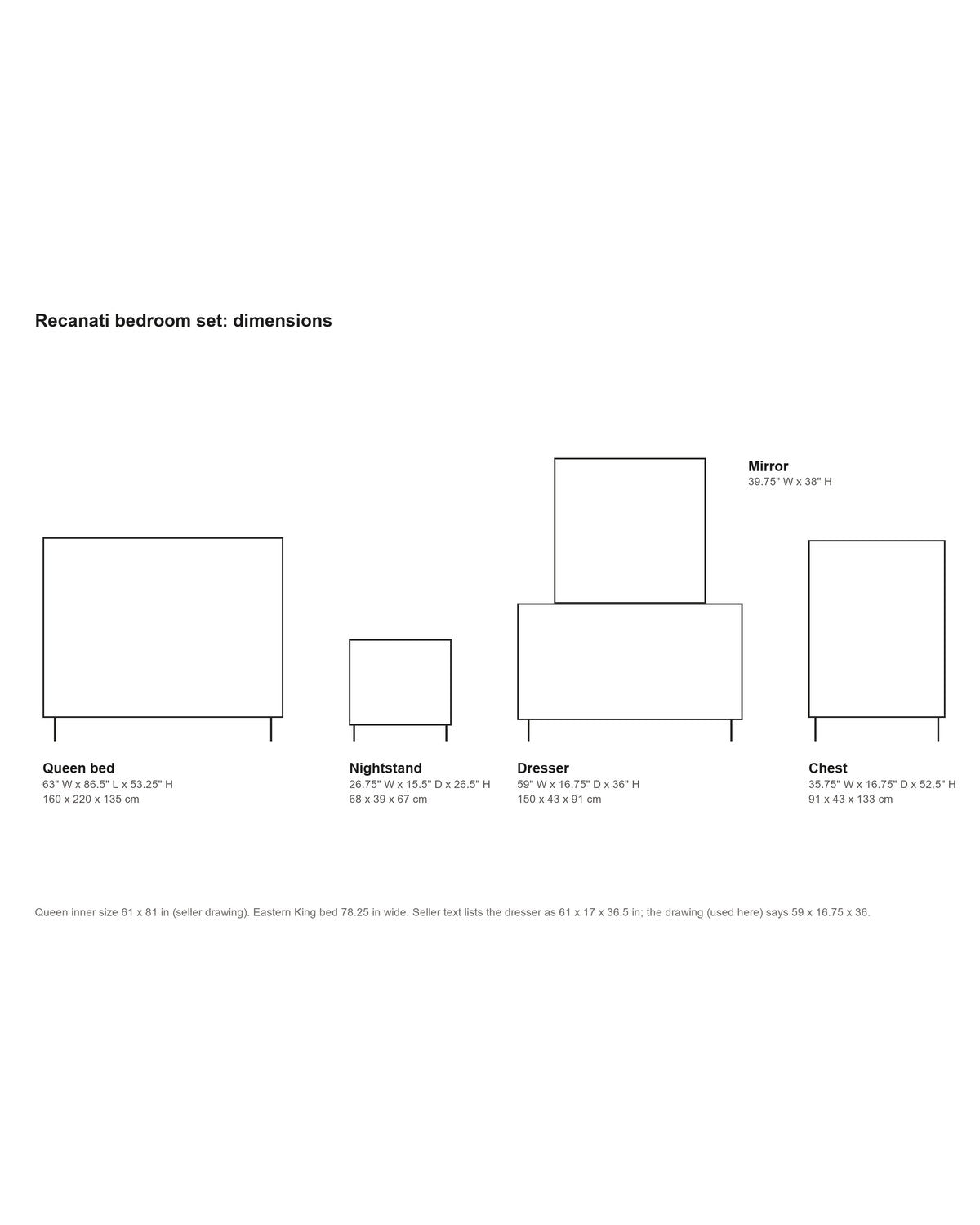 Recanati Dark Walnut Mid-Century Bedroom Set dimensions