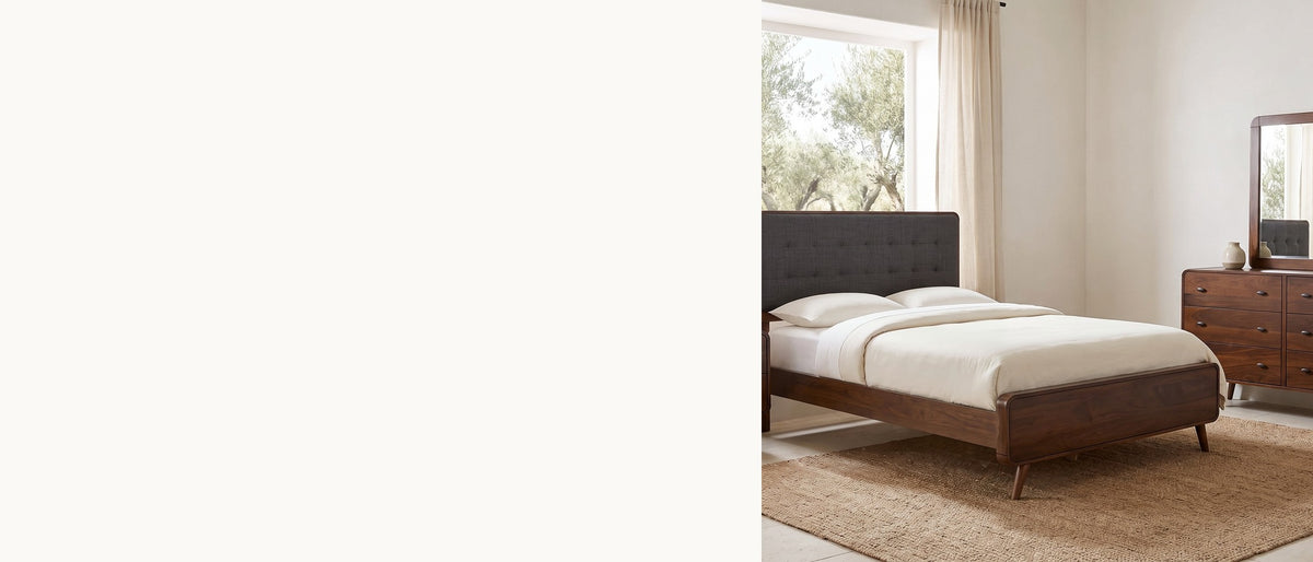 Walnut curves, splayed legs. - Recanati Dark Walnut Mid-Century Bedroom Set