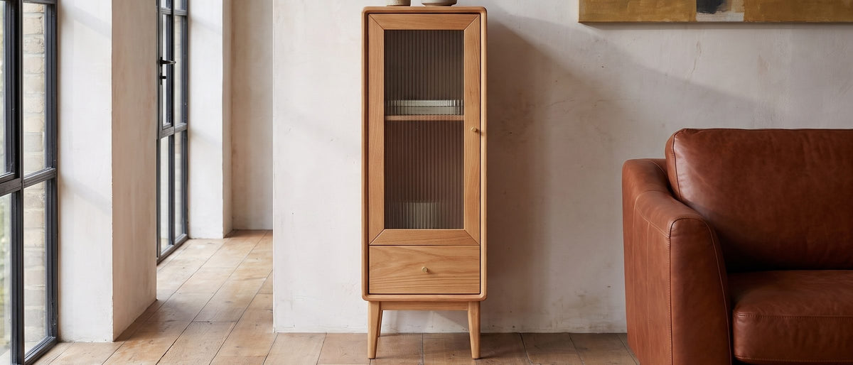 Oak and glass, loft-ready. - Recco Solid Oak Reeded Glass Storage Cabinet