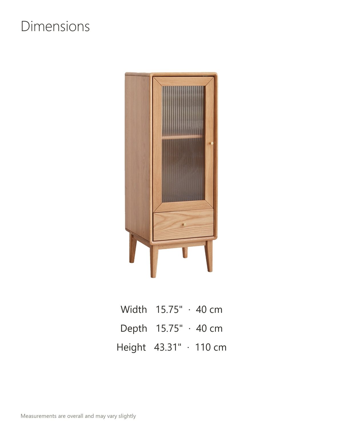Recco Solid Oak Reeded Glass Storage Cabinet dimensions: 15.75 in wide, 15.75 in deep, 43.31 in high