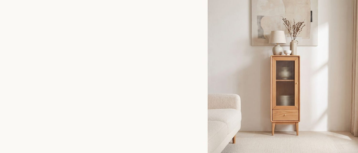 Solid oak, reeded glass. - Recco Solid Oak Reeded Glass Storage Cabinet