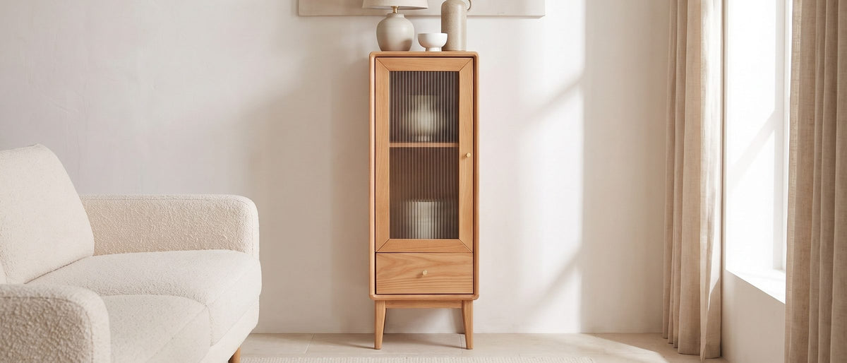 Recco Solid Oak Reeded Glass Storage Cabinet in the room