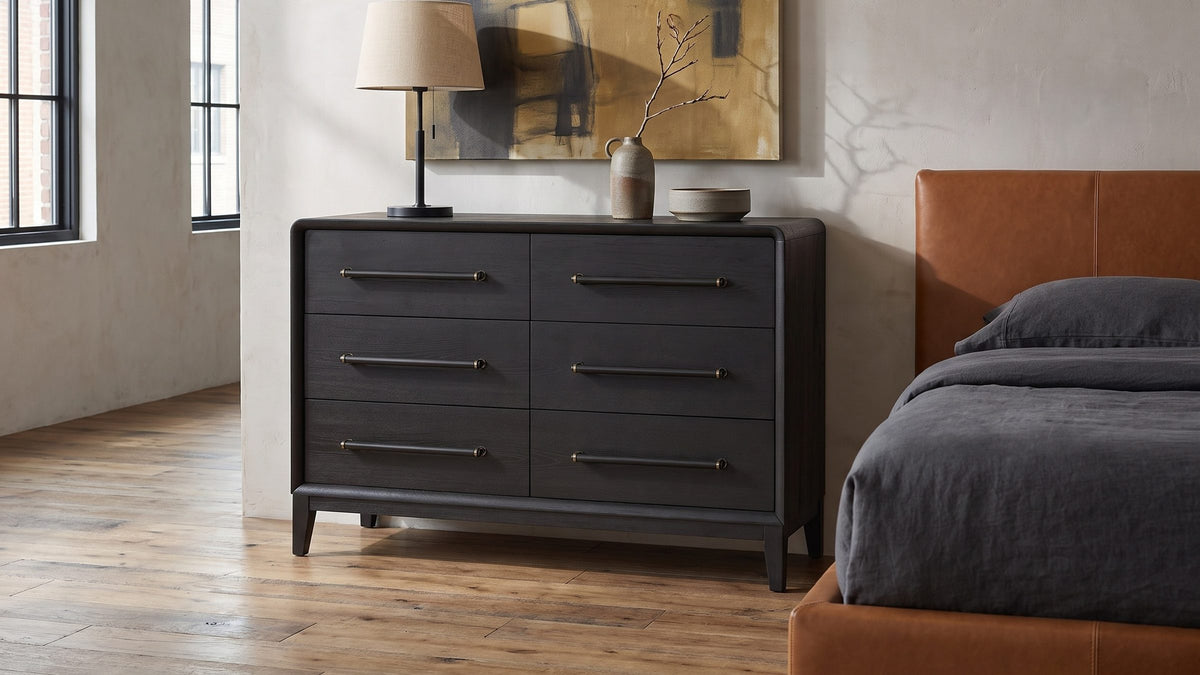 Near-black, never flat. - Recoaro 54-Inch Peppercorn Black 6-Drawer Dresser