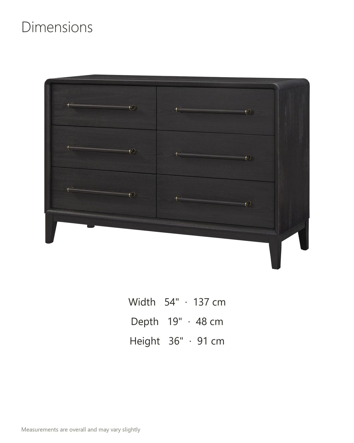 Recoaro 54-Inch Peppercorn Black 6-Drawer Dresser dimensions: 54 in wide, 19 in deep, 36 in high
