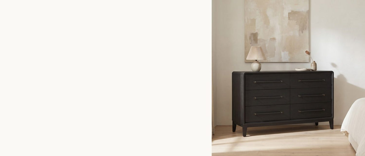 Black elm, brass loops. - Recoaro 54-Inch Peppercorn Black 6-Drawer Dresser