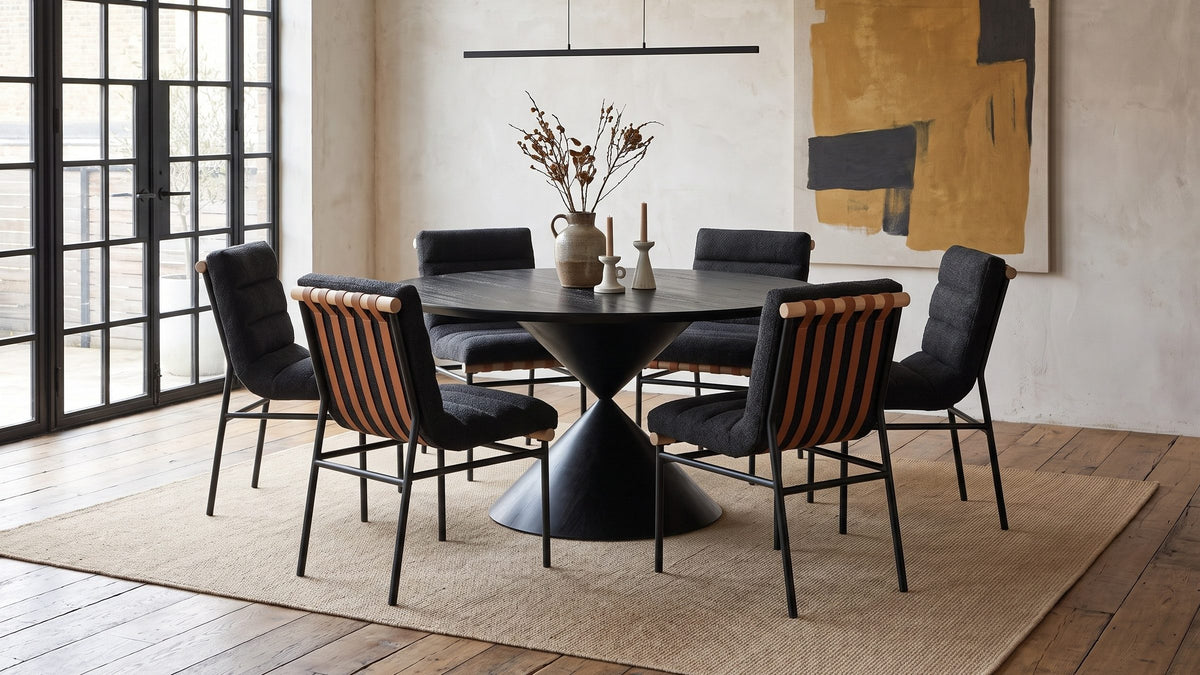 Black oak, black boucle. - Rende 59-Inch Round Black Oak Hourglass Dining Set with 6 Chairs