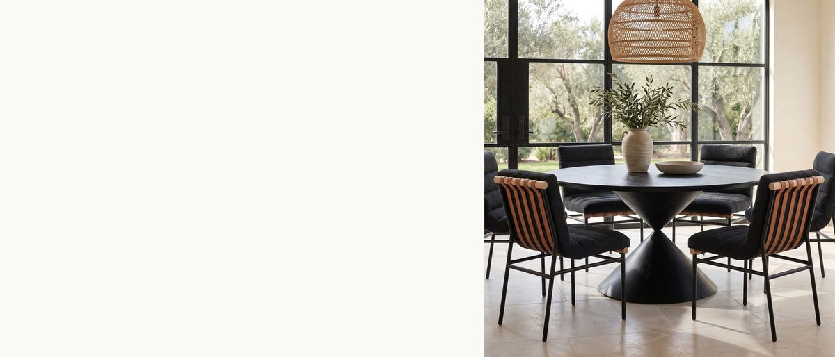 Six strapped backs, one hourglass. - Rende 59-Inch Round Black Oak Hourglass Dining Set with 6 Chairs