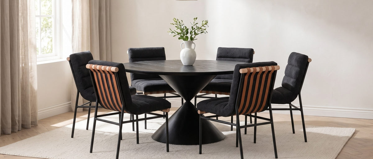 Rende 59-Inch Round Black Oak Hourglass Dining Set with 6 Chairs in the room