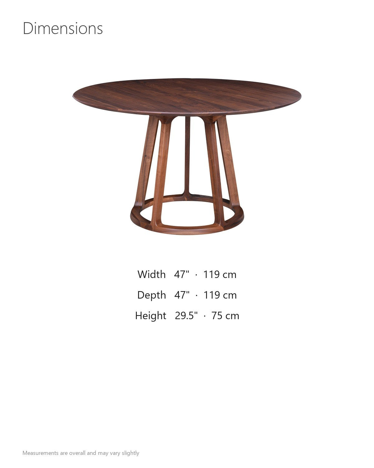 Riace 47-Inch Round Solid American Walnut Dining Table dimensions