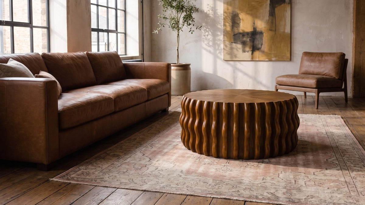 Warm wood, soft ripples. - Rivoli 30-Inch Round Carved Wood Drum Coffee Table