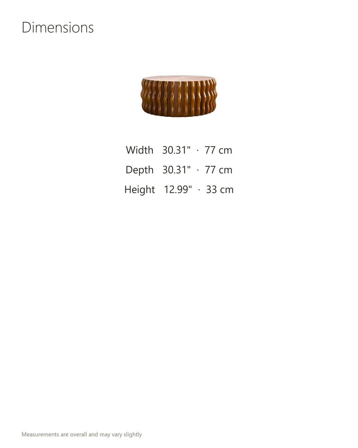 Rivoli 30-Inch Round Carved Wood Drum Coffee Table dimensions: 30.31 in wide, 30.31 in deep, 12.99 in high
