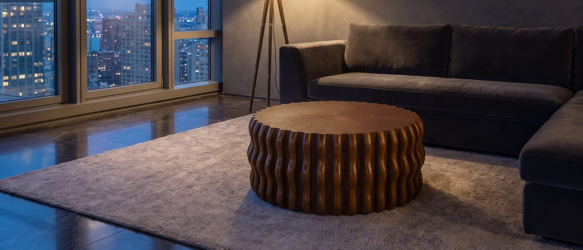 Rivoli 30-Inch Round Carved Wood Drum Coffee Table in the room