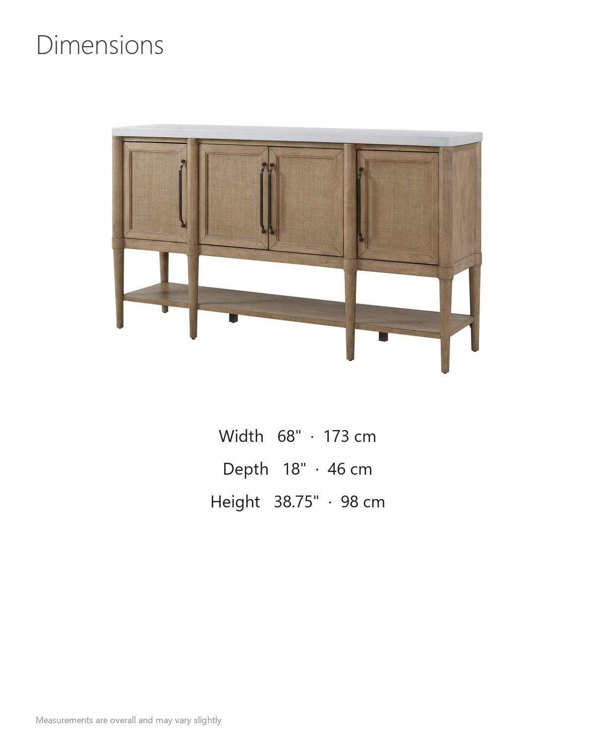 Rombiolo 68-Inch 4-Door Cane and Wood Sideboard with Cement Top dimensions