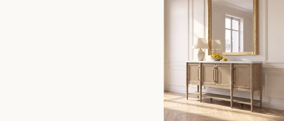 Cane, cement and room below. - Rombiolo 68-Inch 4-Door Cane and Wood Sideboard with Cement Top