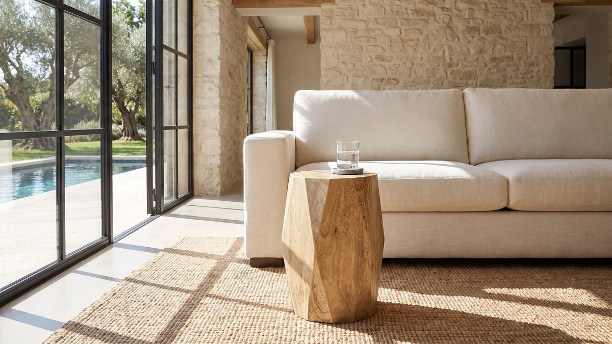 Light wood, strong shape. - Rotondella Faceted Mango Drum Side Table