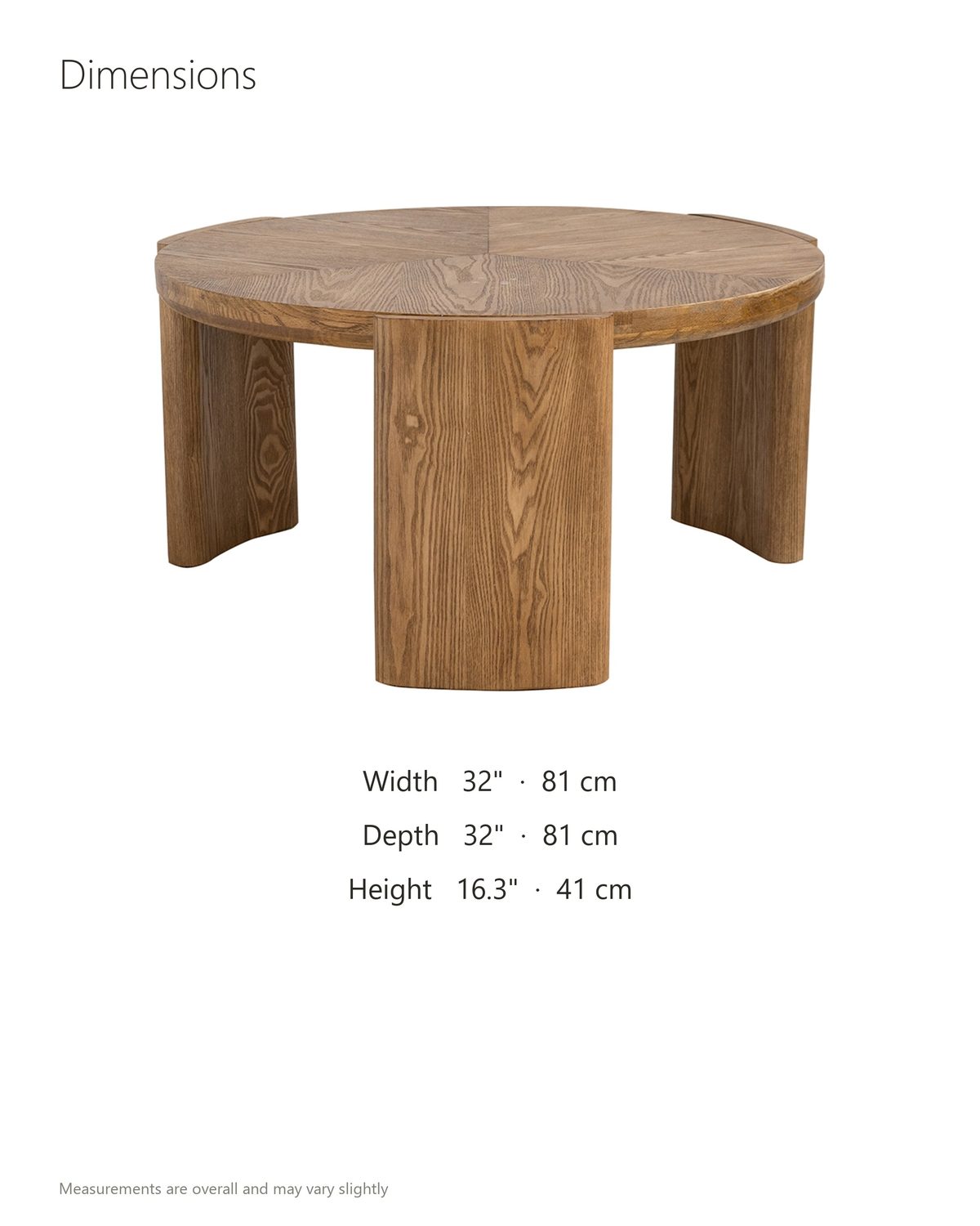 Rovereto Brown Ash Veneer Round Coffee Table dimensions: 32 in wide, 32 in deep, 16.3 in high
