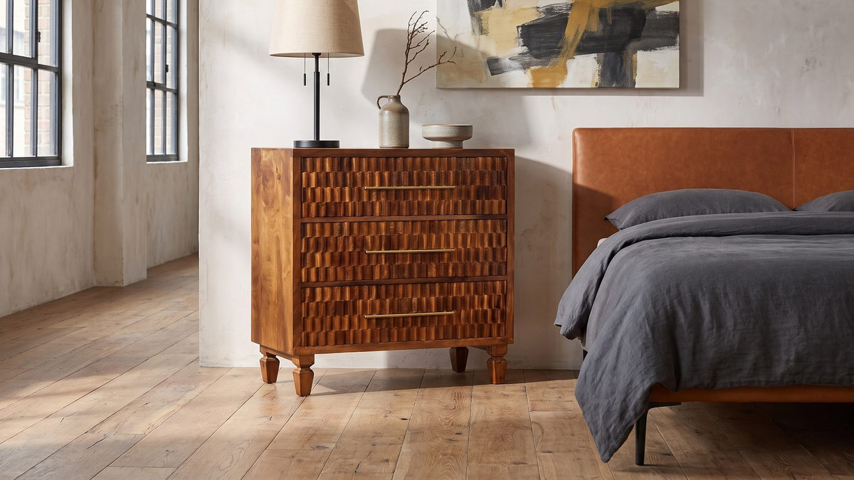 Handcrafted, solid mango. - Rovigo 33-Inch Chestnut Carved Mango 3-Drawer Chest