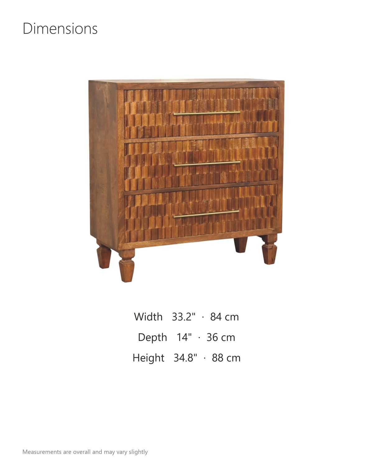 Rovigo 33-Inch Chestnut Carved Mango 3-Drawer Chest dimensions: 33.2 in wide, 14 in deep, 34.8 in high