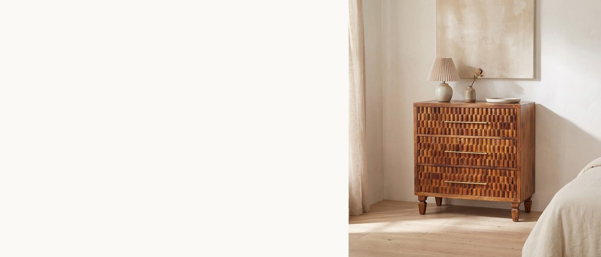 Carved staves, warm chestnut. - Rovigo 33-Inch Chestnut Carved Mango 3-Drawer Chest