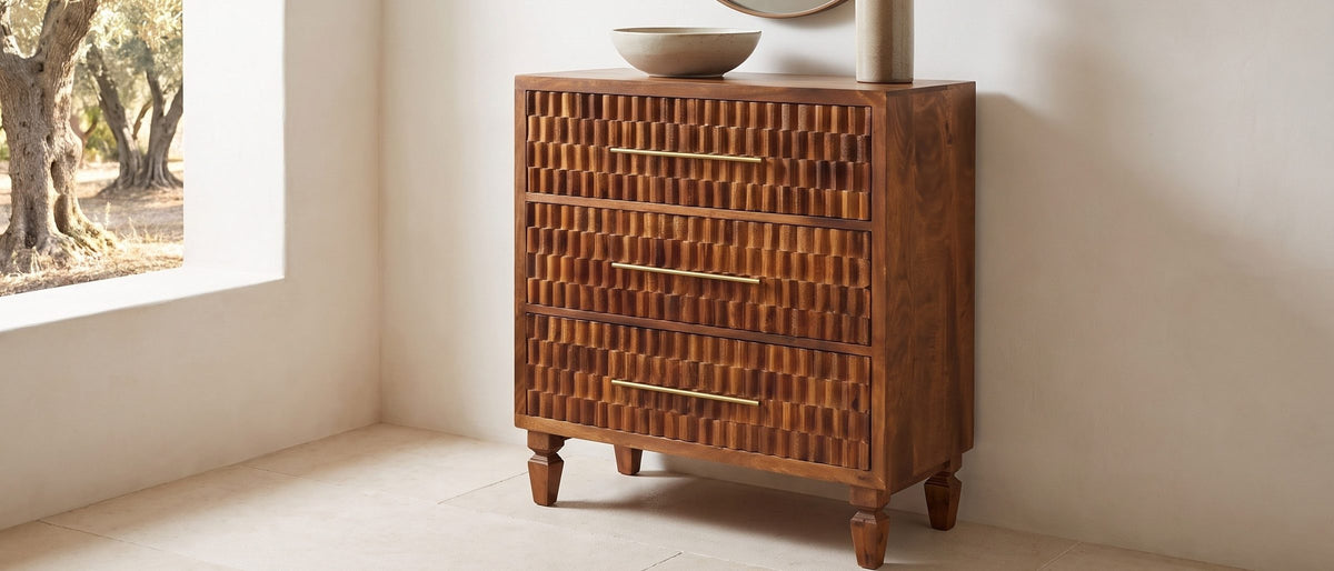Rovigo 33-Inch Chestnut Carved Mango 3-Drawer Chest in the room