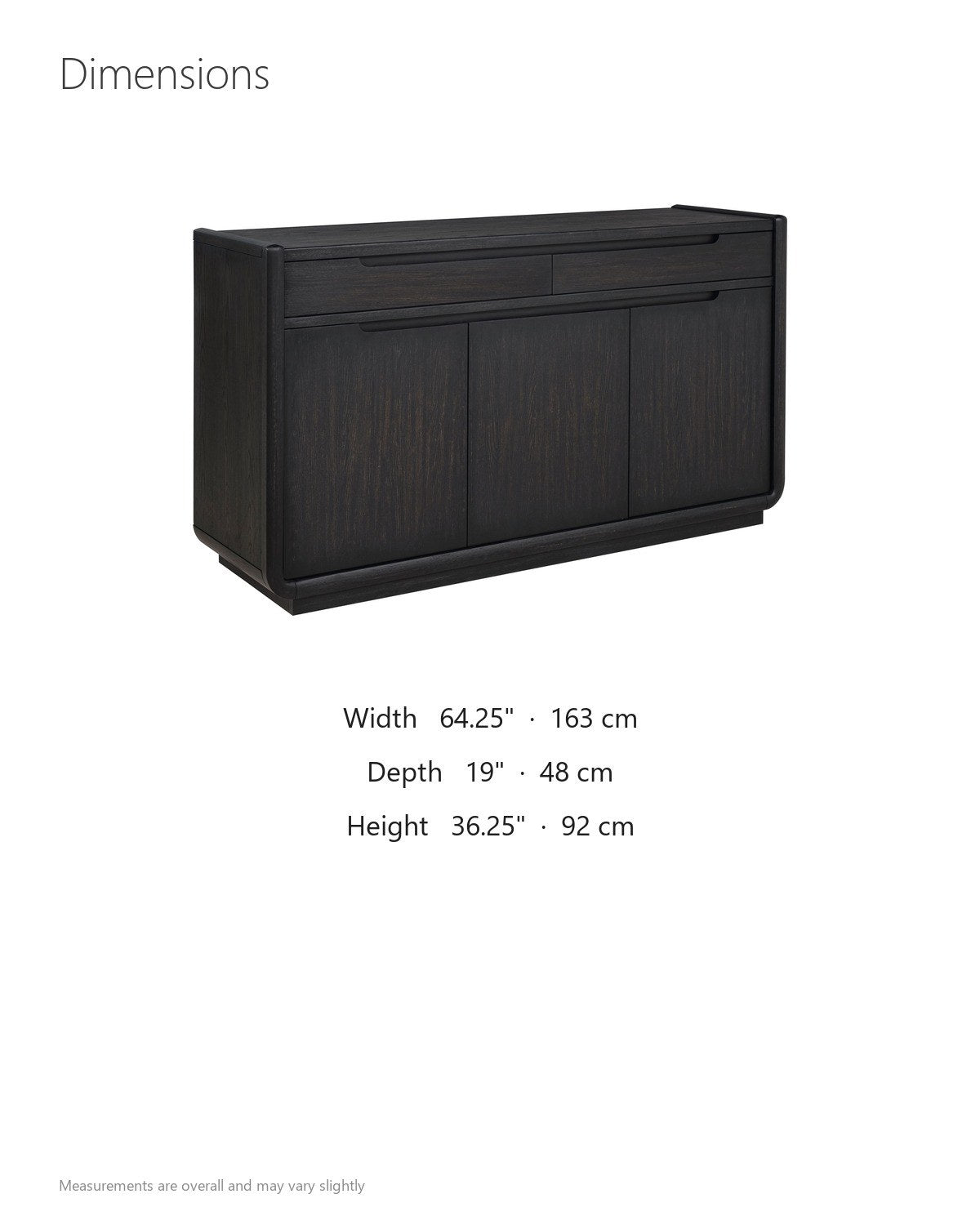 Rovito 64-Inch 3-Door 2-Drawer Burnished Black Ash Veneer Sideboard dimensions