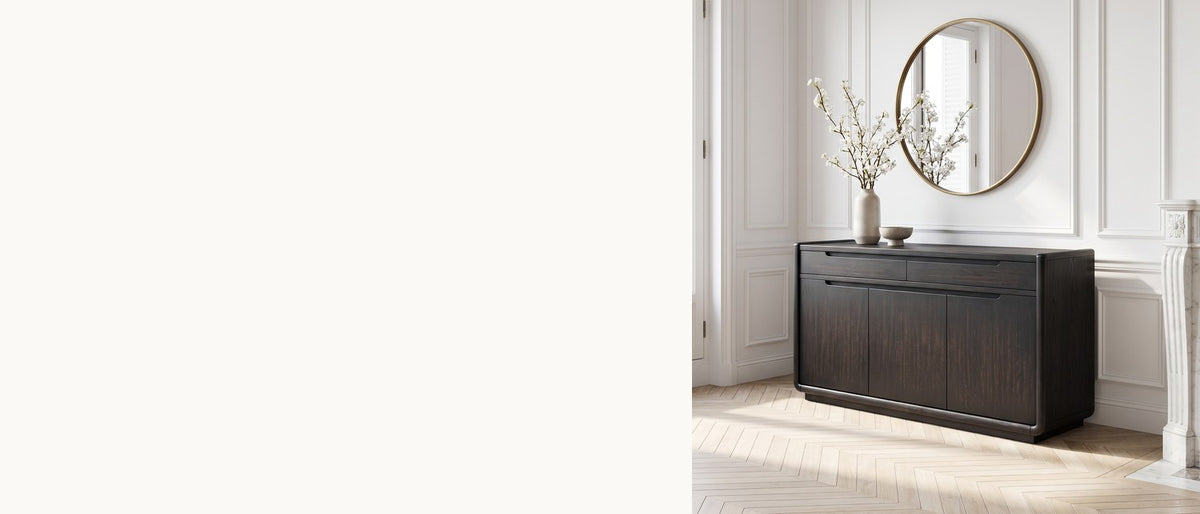 A black sideboard with soft edges. - Rovito 64-Inch 3-Door 2-Drawer Burnished Black Ash Veneer Sideboard
