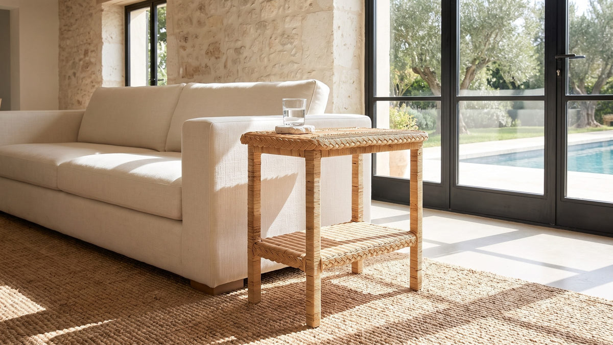 Natural texture, honey warm. - Rutigliano Braided Rattan Two-Tier Side Table