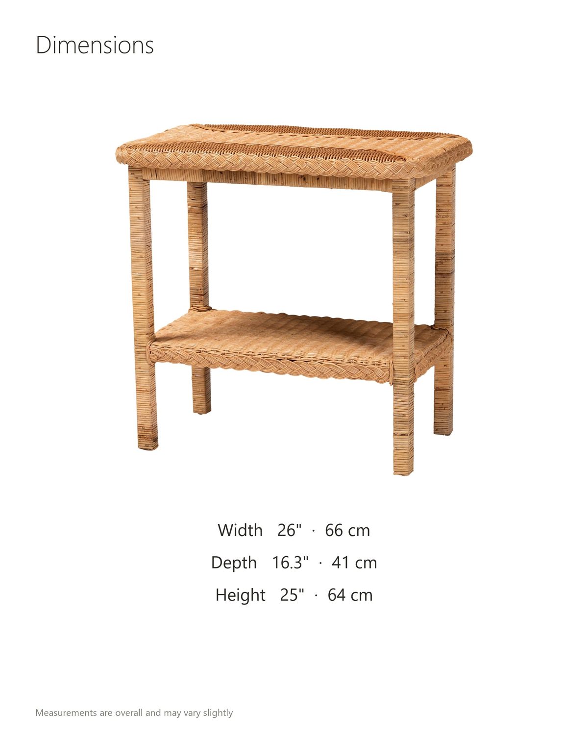 Rutigliano Braided Rattan Two-Tier Side Table dimensions: 26 in wide, 16.3 in deep, 25 in high