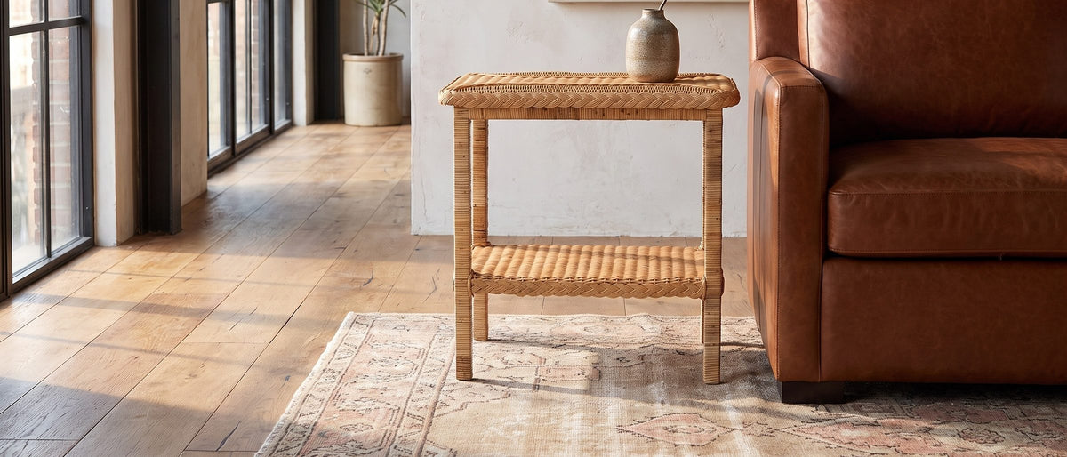 Rutigliano Braided Rattan Two-Tier Side Table in the room