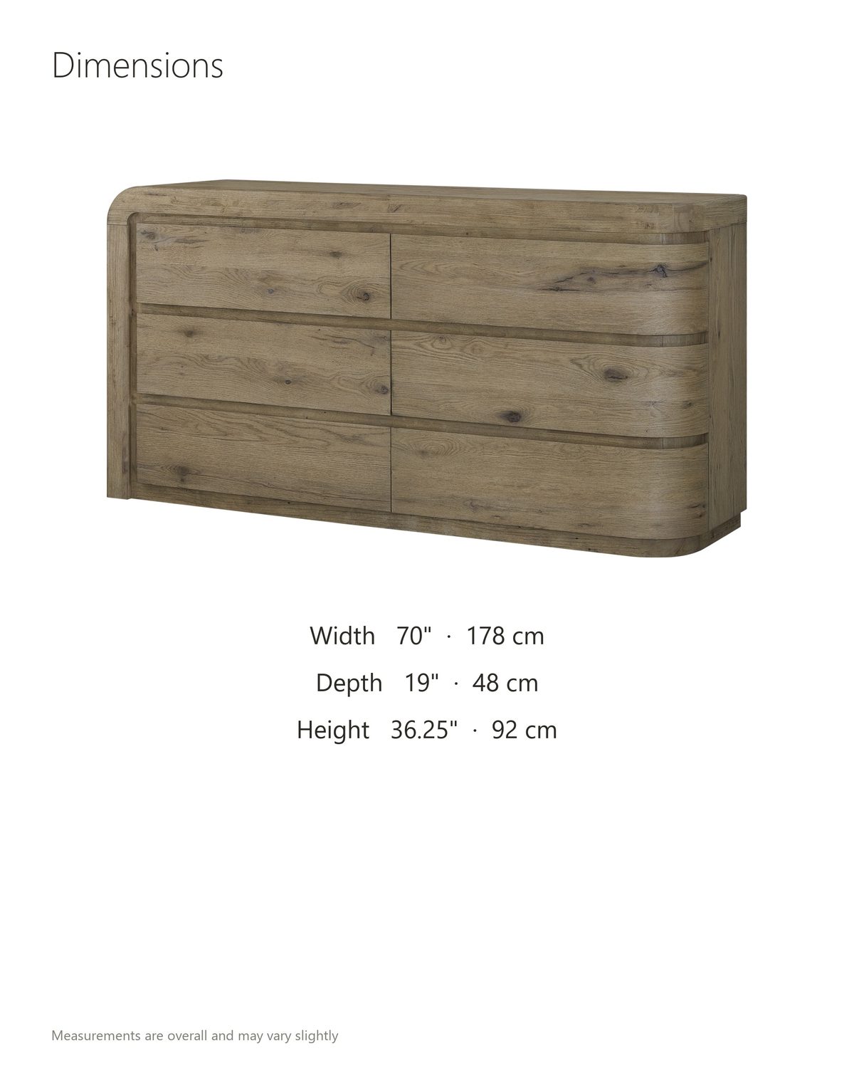 Sacile 70-Inch Weathered Natural Oak 6-Drawer Dresser dimensions: 70 in wide, 19 in deep, 36.25 in high