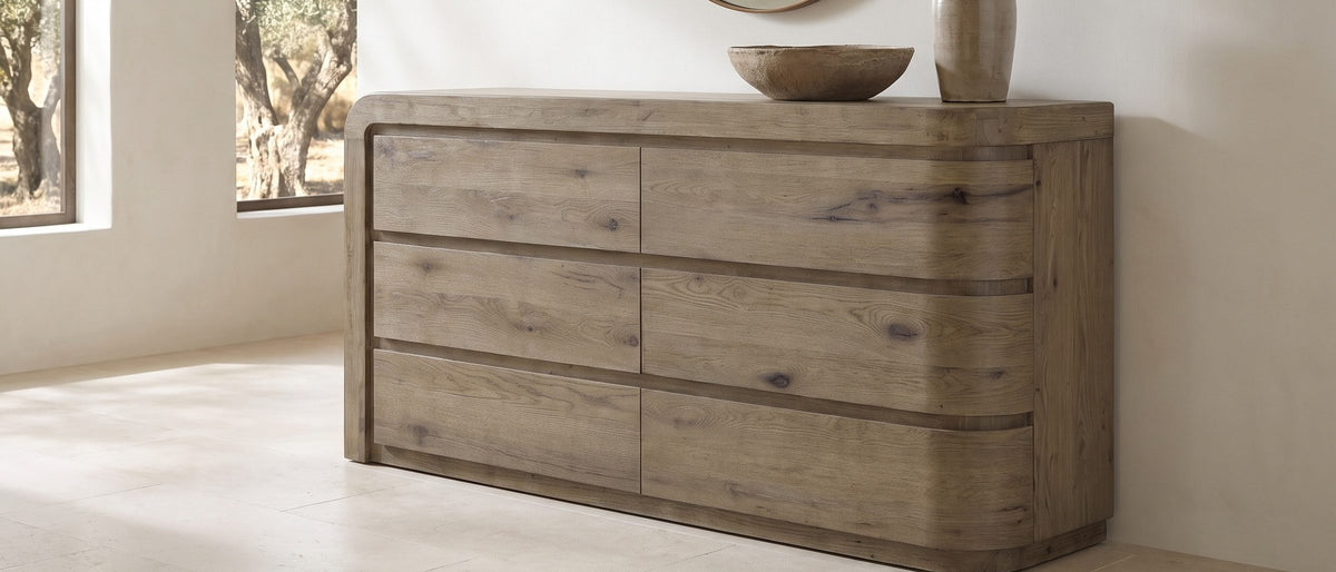 Sacile 70-Inch Weathered Natural Oak 6-Drawer Dresser in the room