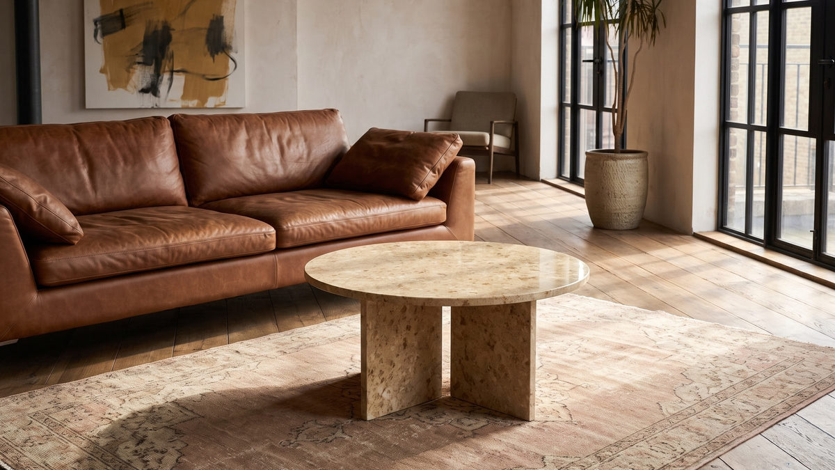 A warm corner, completed. - Salina Gold Beige Marble Coffee Table