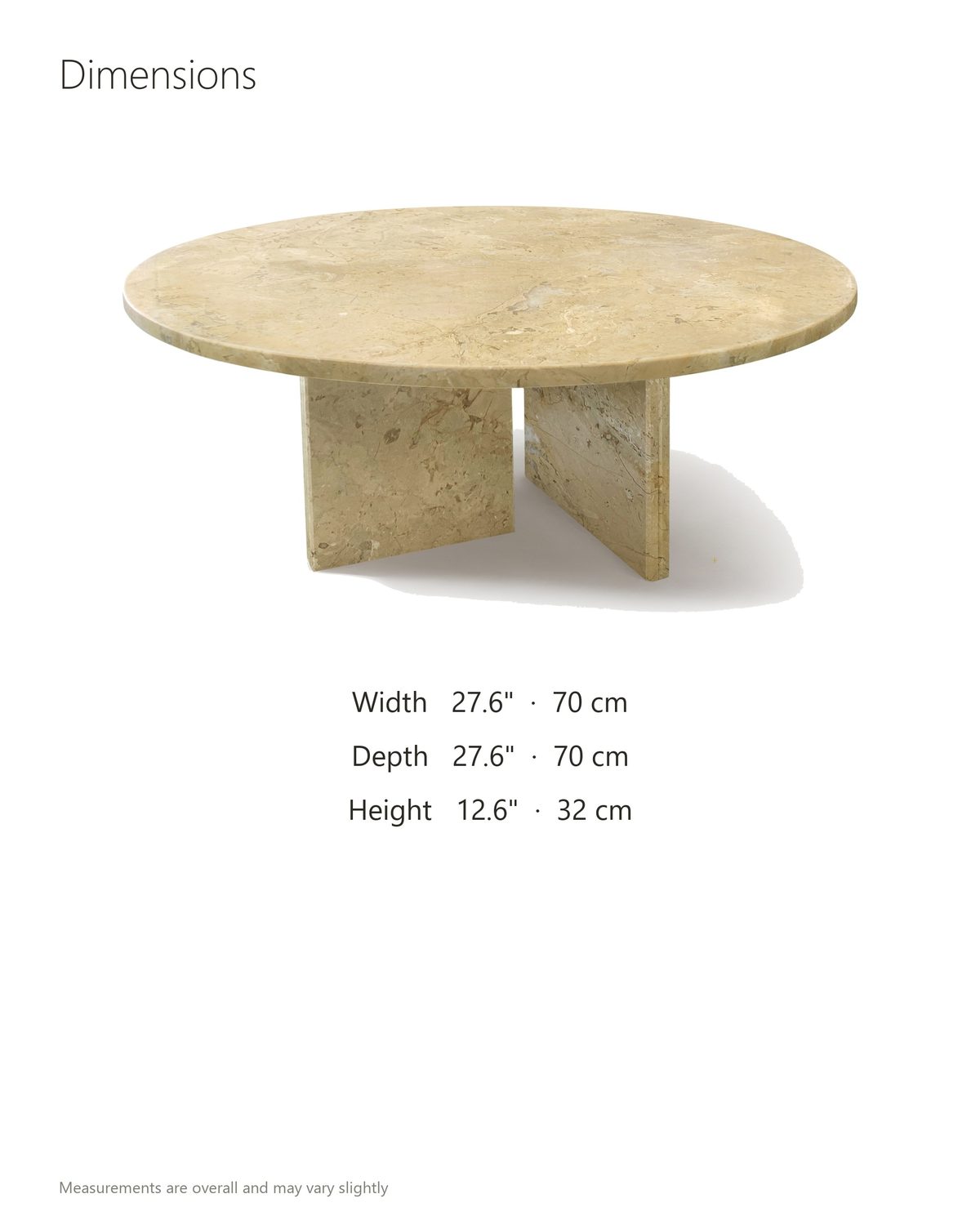 Salina Gold Beige Marble Coffee Table dimensions: 27.6 in wide, 27.6 in deep, 12.6 in high