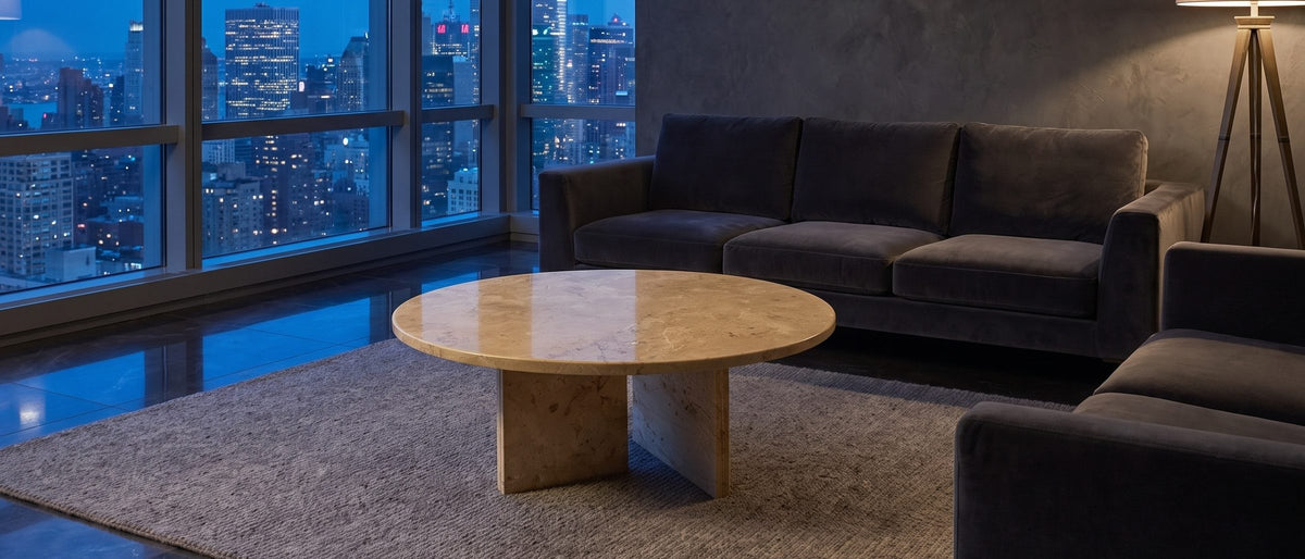 Salina Gold Beige Marble Coffee Table in the room