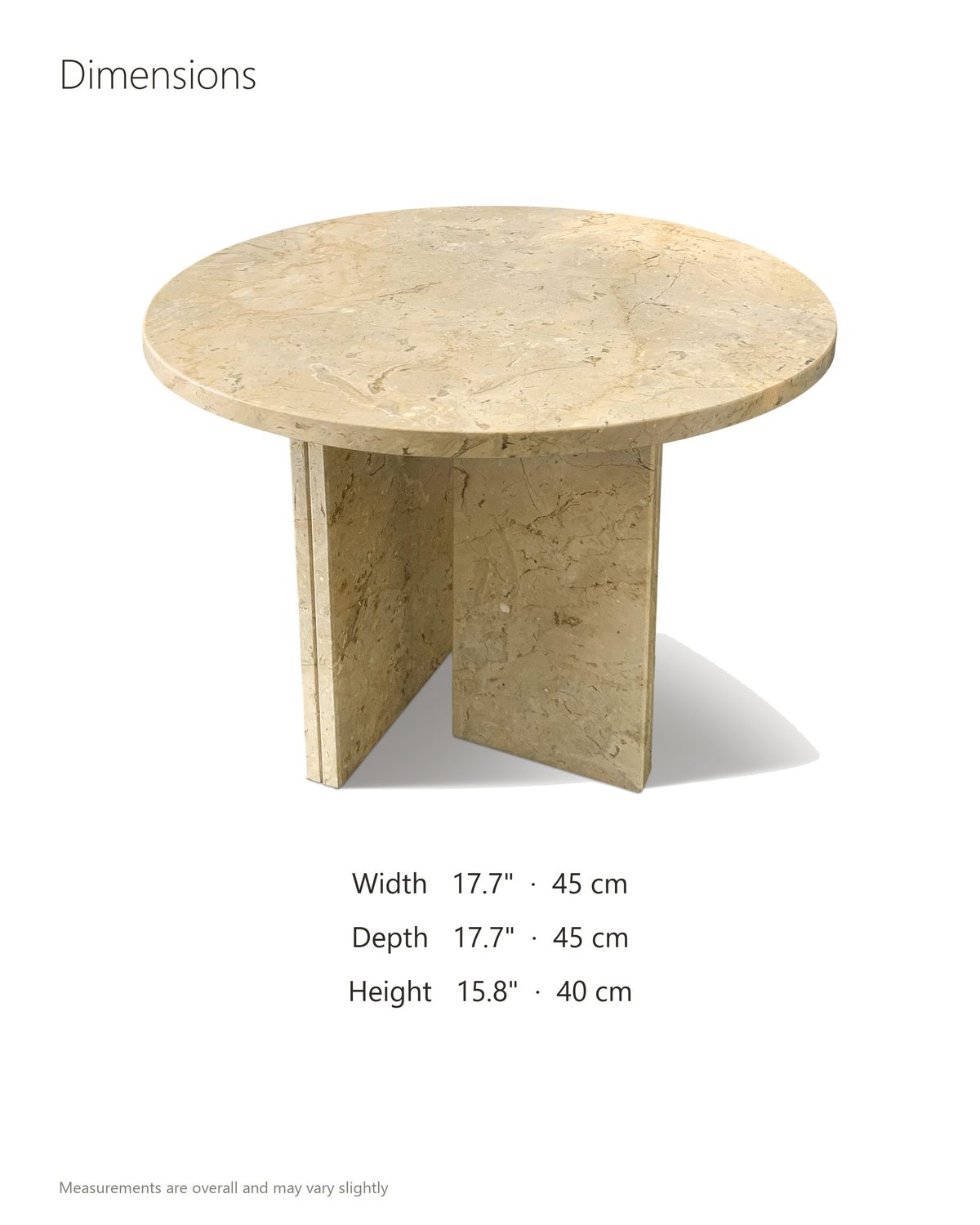 Salina Gold Beige Marble Round Side Table dimensions: 17.7 in wide, 17.7 in deep, 15.8 in high