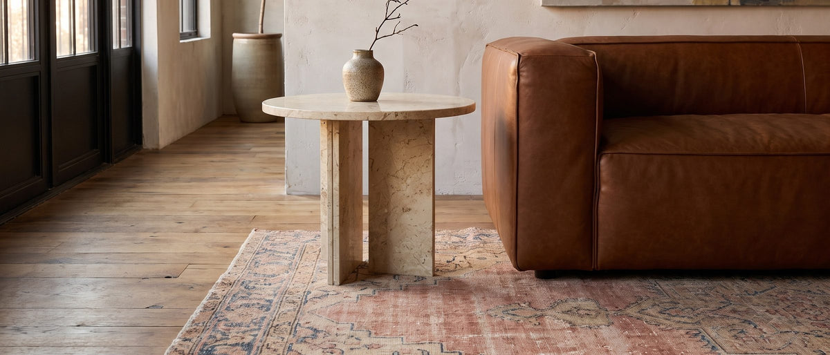 Salina Gold Beige Marble Round Side Table in the room