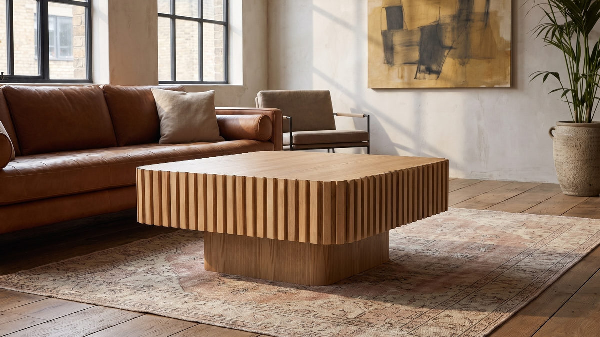 Warm wood, cognac leather. - Saluzzo 35-Inch Square Slatted Natural Wood Veneer Coffee Table