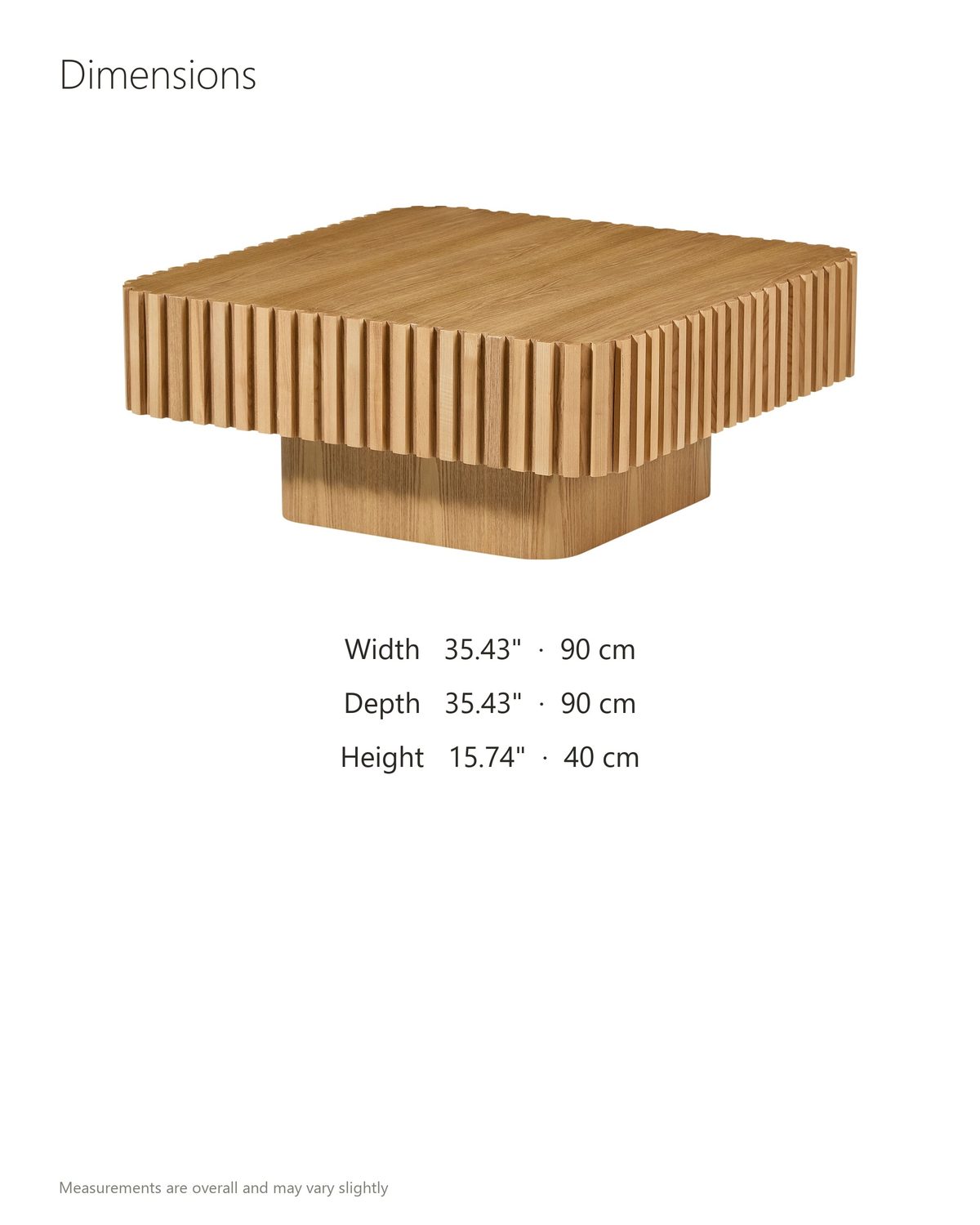 Saluzzo 35-Inch Square Slatted Natural Wood Veneer Coffee Table dimensions: 35.43 in wide, 35.43 in deep, 15.74 in high