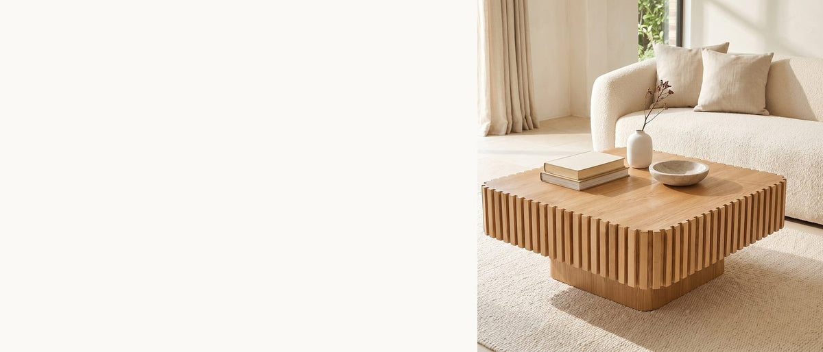 Slatted square, floating low. - Saluzzo 35-Inch Square Slatted Natural Wood Veneer Coffee Table