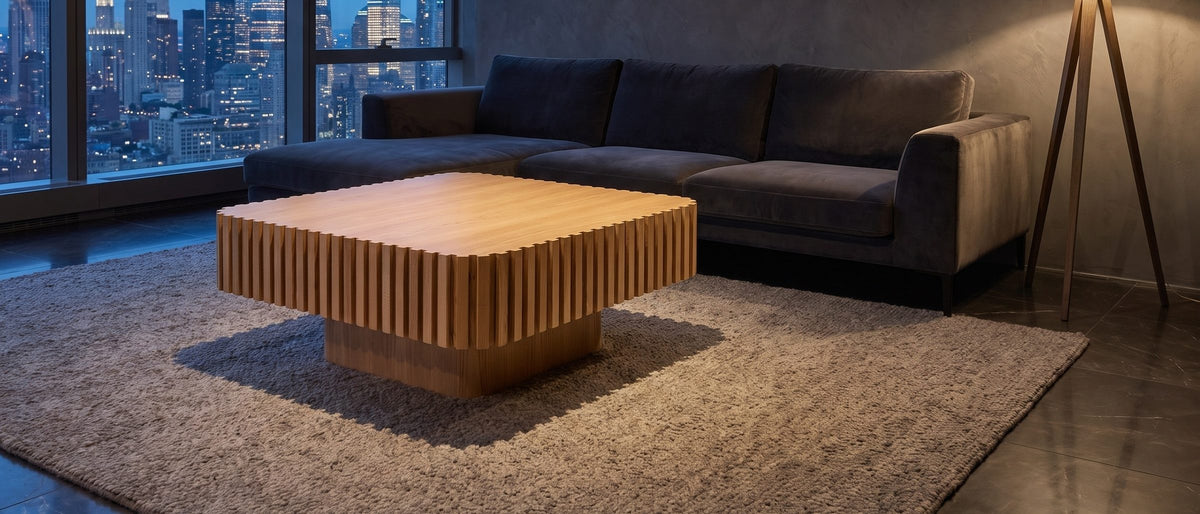 Saluzzo 35-Inch Square Slatted Natural Wood Veneer Coffee Table in the room