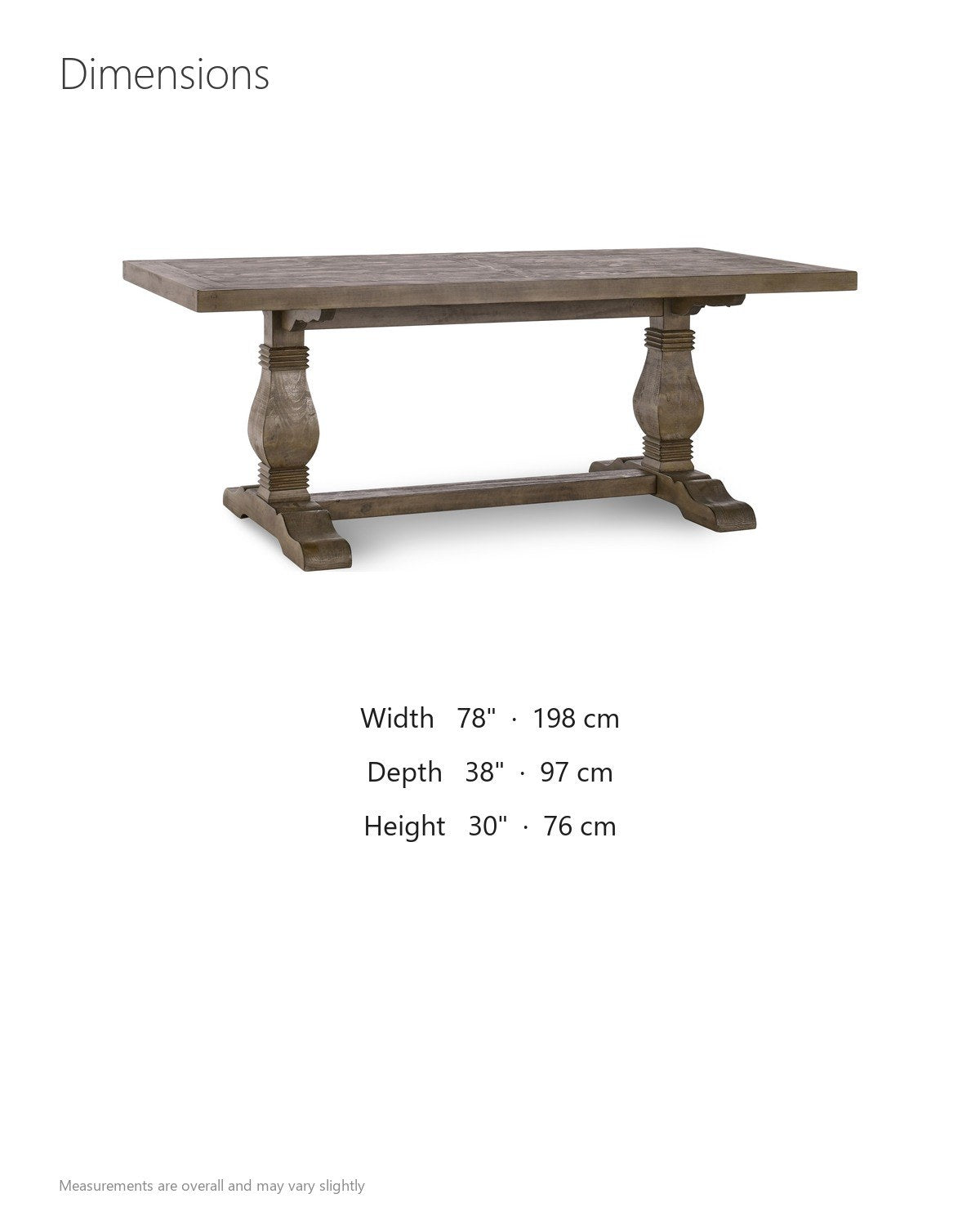 Sangineto 78-Inch Rectangular Reclaimed Pine Trestle Dining Table dimensions