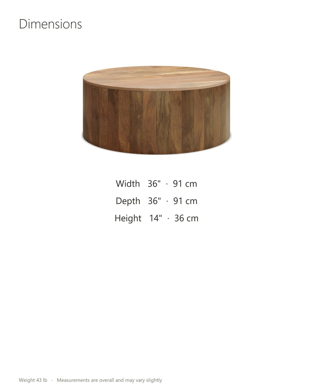 Sansepolcro Natural Mango Drum Coffee Table dimensions: 36 in wide, 36 in deep, 14 in high
