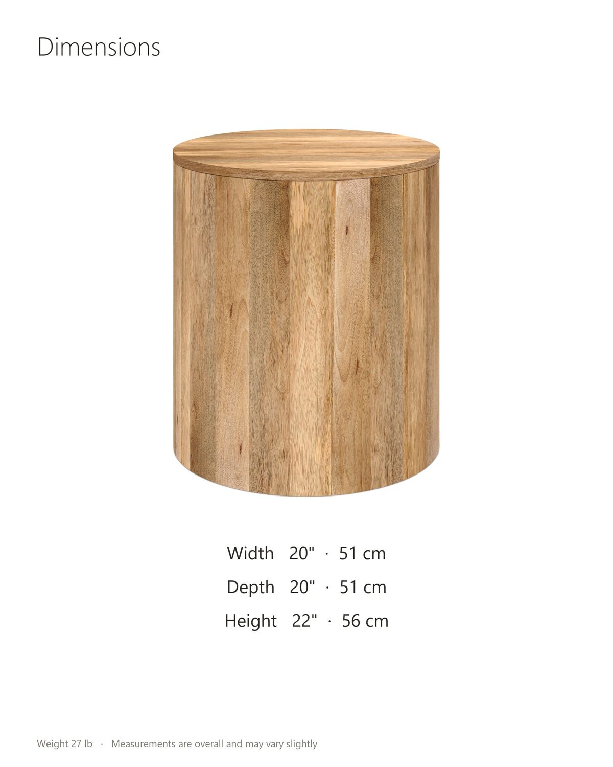 Sansepolcro Natural Mango Drum Side Table dimensions: 20 in wide, 20 in deep, 22 in high