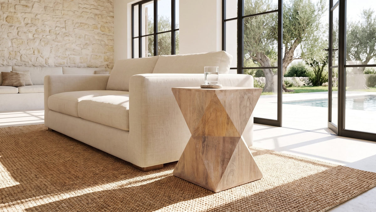 Pale wood, sharp light. - Santeramo Cerused Mango Faceted Side Table