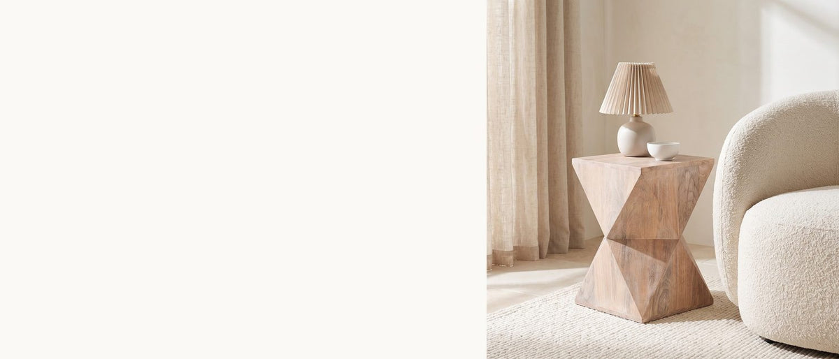Sixteen facets, pinched at the waist. - Santeramo Cerused Mango Faceted Side Table