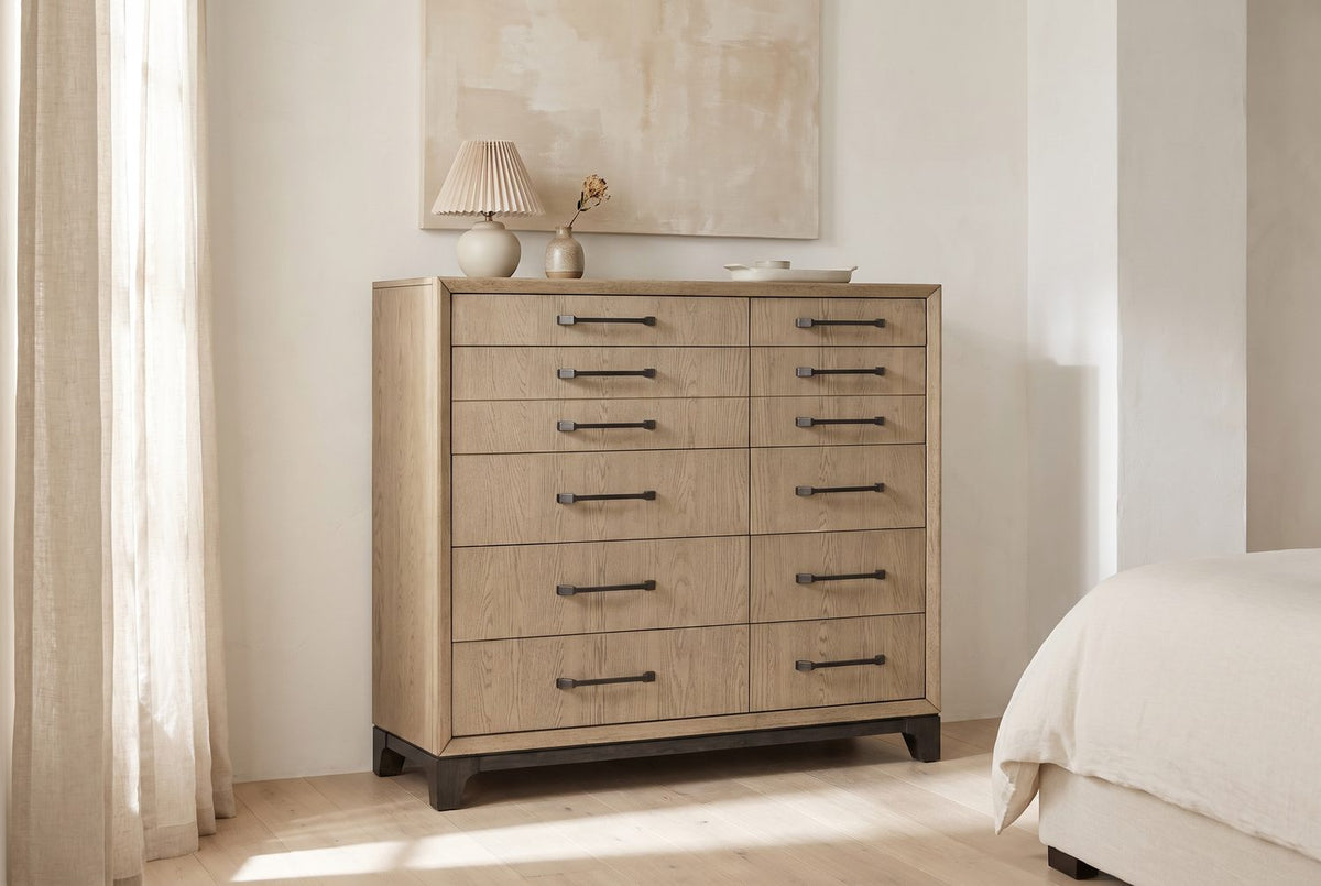 Pale above, dark below. - Sappada 54-Inch Caramel Oak and Cocoa 12-Drawer Chest